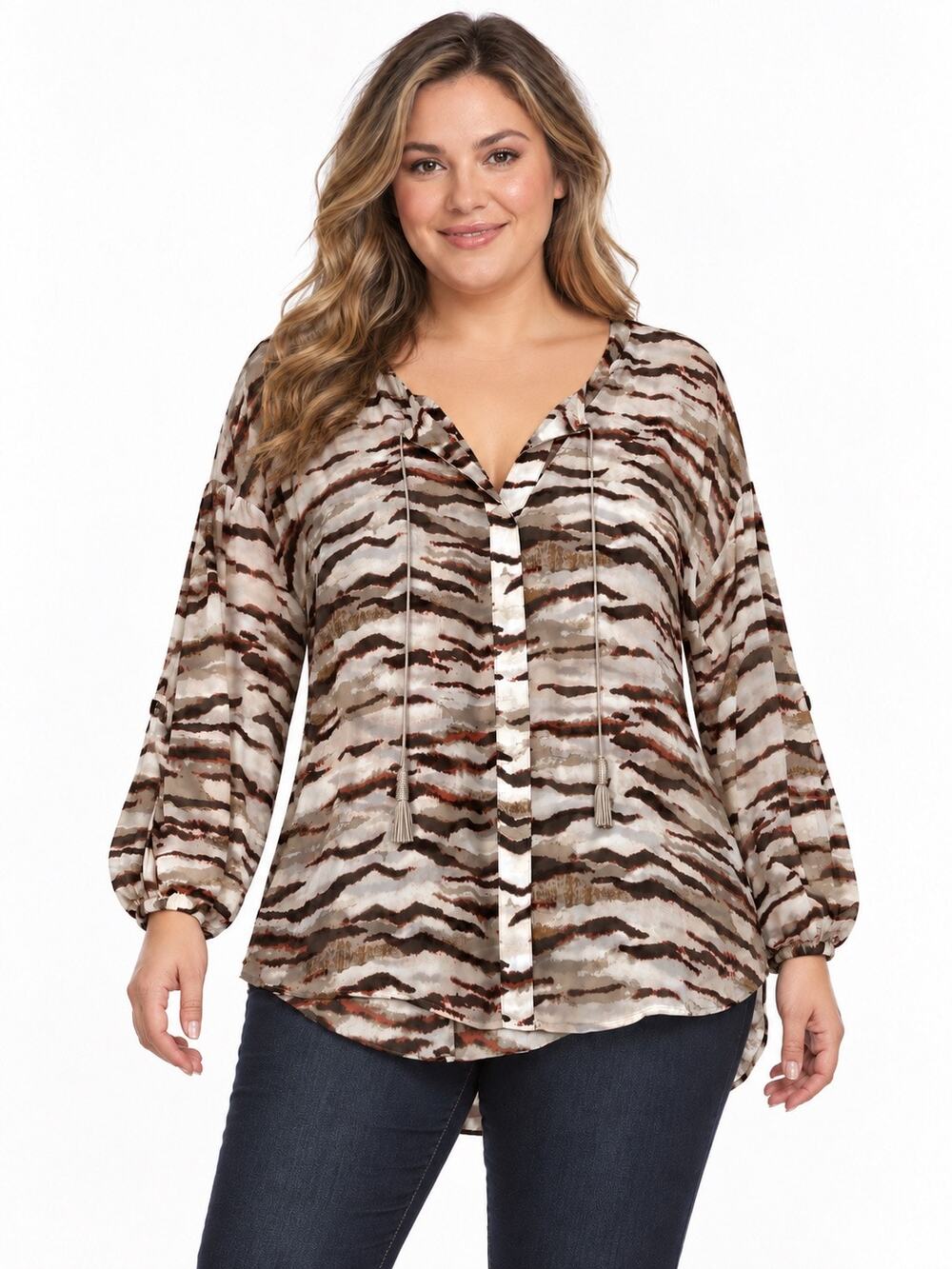 Lane Bryant Women’s 18/20 Plus Size Abstract Print Tie Neck Blouse Sheer Tunic